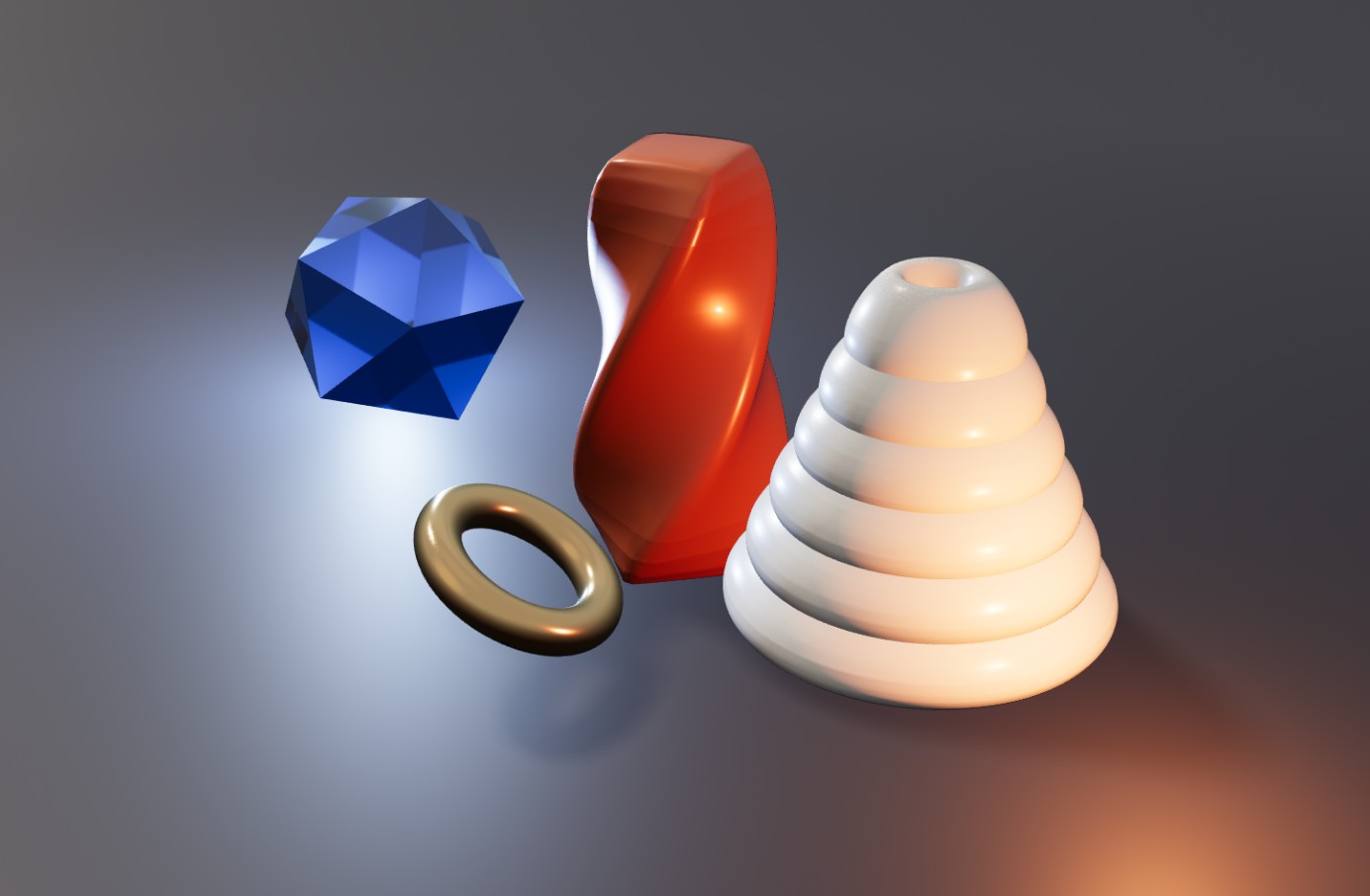 The same scene with a key light, soft shadows and two low fills